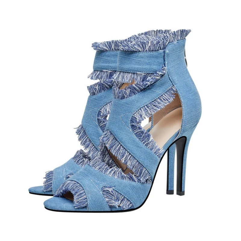 Spring/Summer Fish Mouth Cowboy Fabric Surface Tassel Hollow Cool Boots Dress Large Size Customized High Heel Women's Sandals