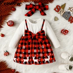 Baby Christmas Dresses For Girls Big Bow Plaid Deer Dress New Year Costume Baby Kids My First Christmas Clothes