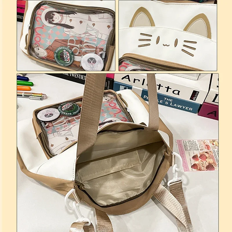 Richme Kawaii Women Ita Bags Cartoon Cat Embroidered Crossbody Shoulder Bolso Mujer Casual Students Commute Tote Bag Female