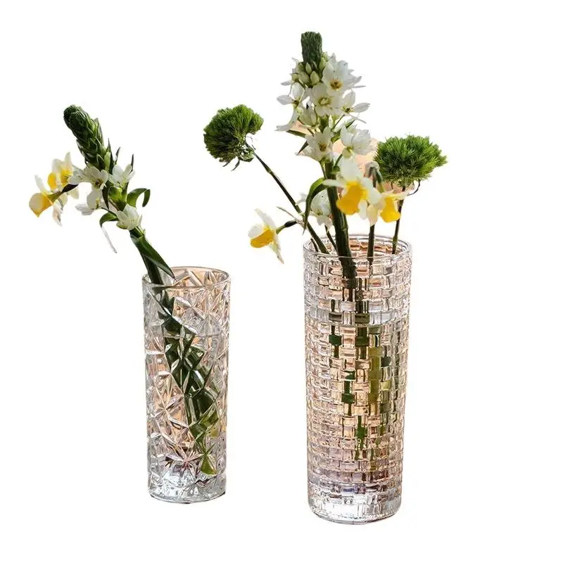 Clear Embossed Acrylic Vase Diamond & Grid Pattern, Shatterproof & Lightweight For Fresh, Dried & Artificial Flowers