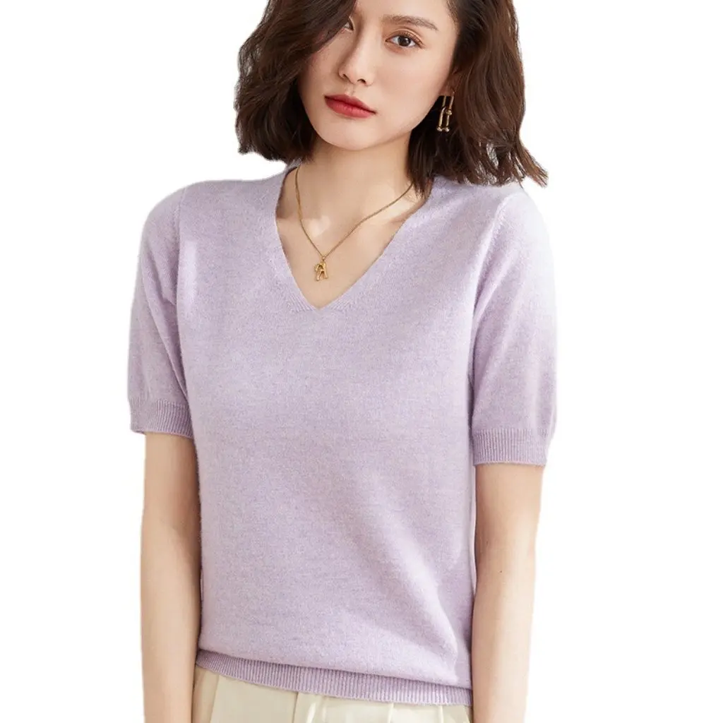 

Women's V-neck Knitted Sweater Spring/Summer Short Sleeve Loose Bottoming Pullover Half Sleeve Top