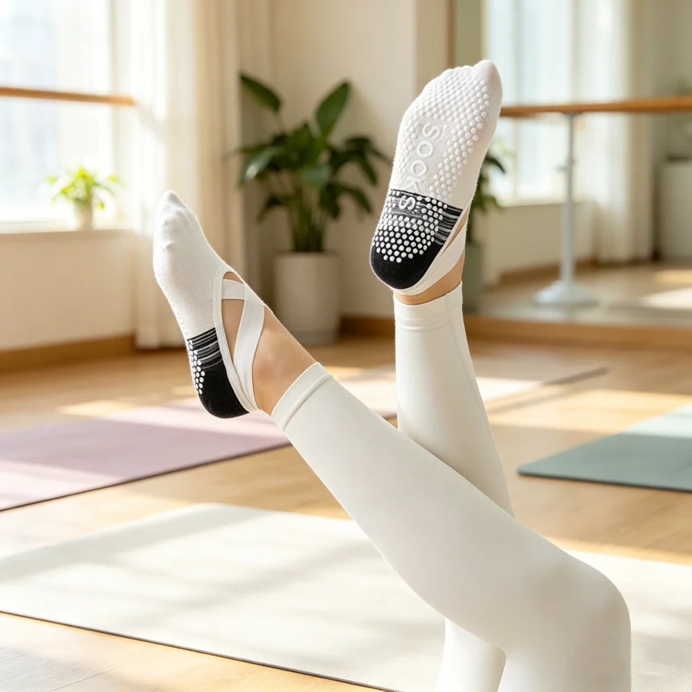 Neue farblich abgesetzte Yoga-Socken für Damen, atmungsaktive, dünne, professionelle Sportsocken, Cross-Belt-Pilates-Socken, rutschfeste Bodensocken