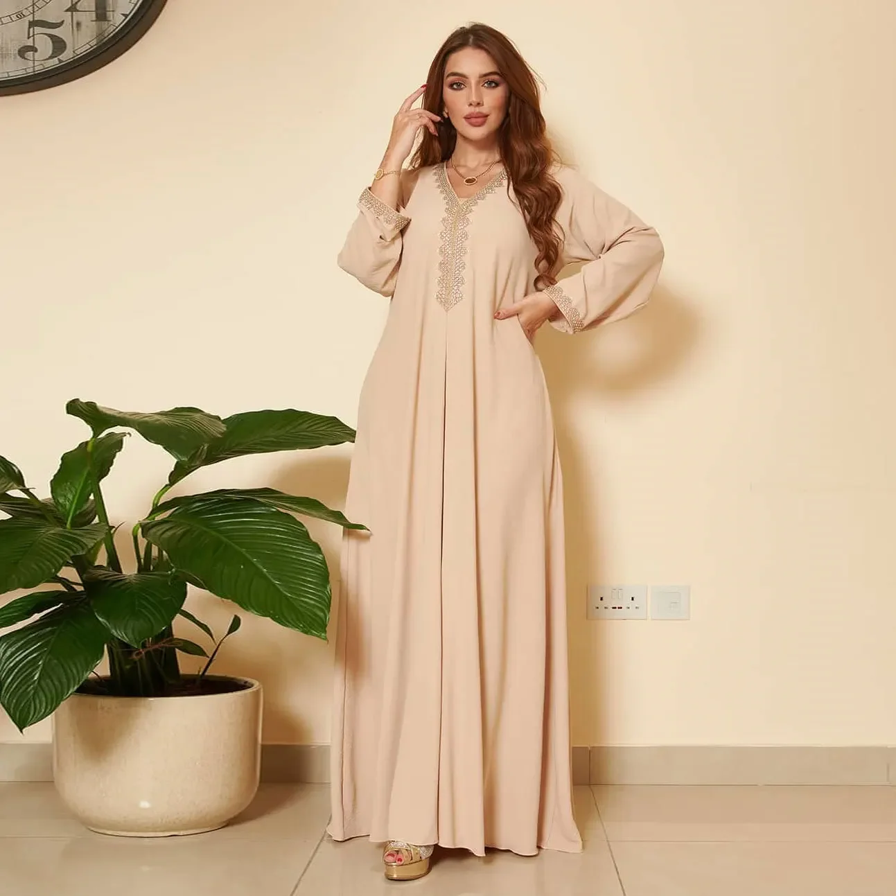 UNI Abaya Muslim Woman Dress Elegant V-Neck Long Sleeve Maxi Party Wedding Gowns Vintage Islamic Loose Robe Kaftan One Piece Set