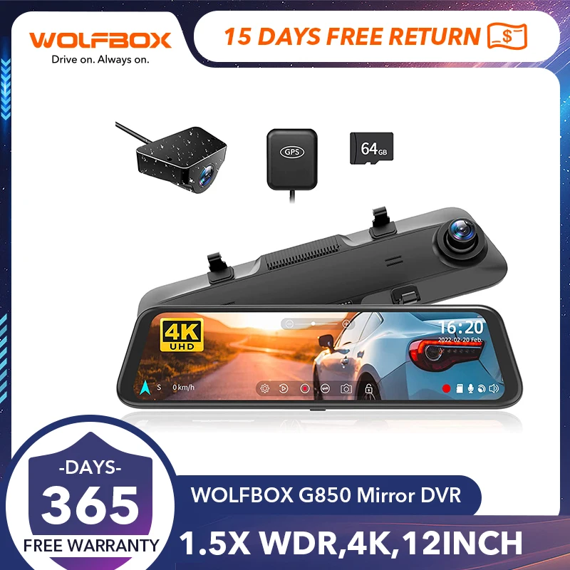 WOLFBOX G850 Front and Rear 4K Dash Cam Car Camera WDR 1080P Dash Camera for Car FOV170 Car Dvr GPS Night Vision 24H Parking