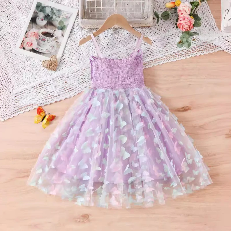 2024 Girls Purple Butterfly Dress Summer Children Colorful Mesh Dress Baby Sling Wings Princess Dress 3-8T