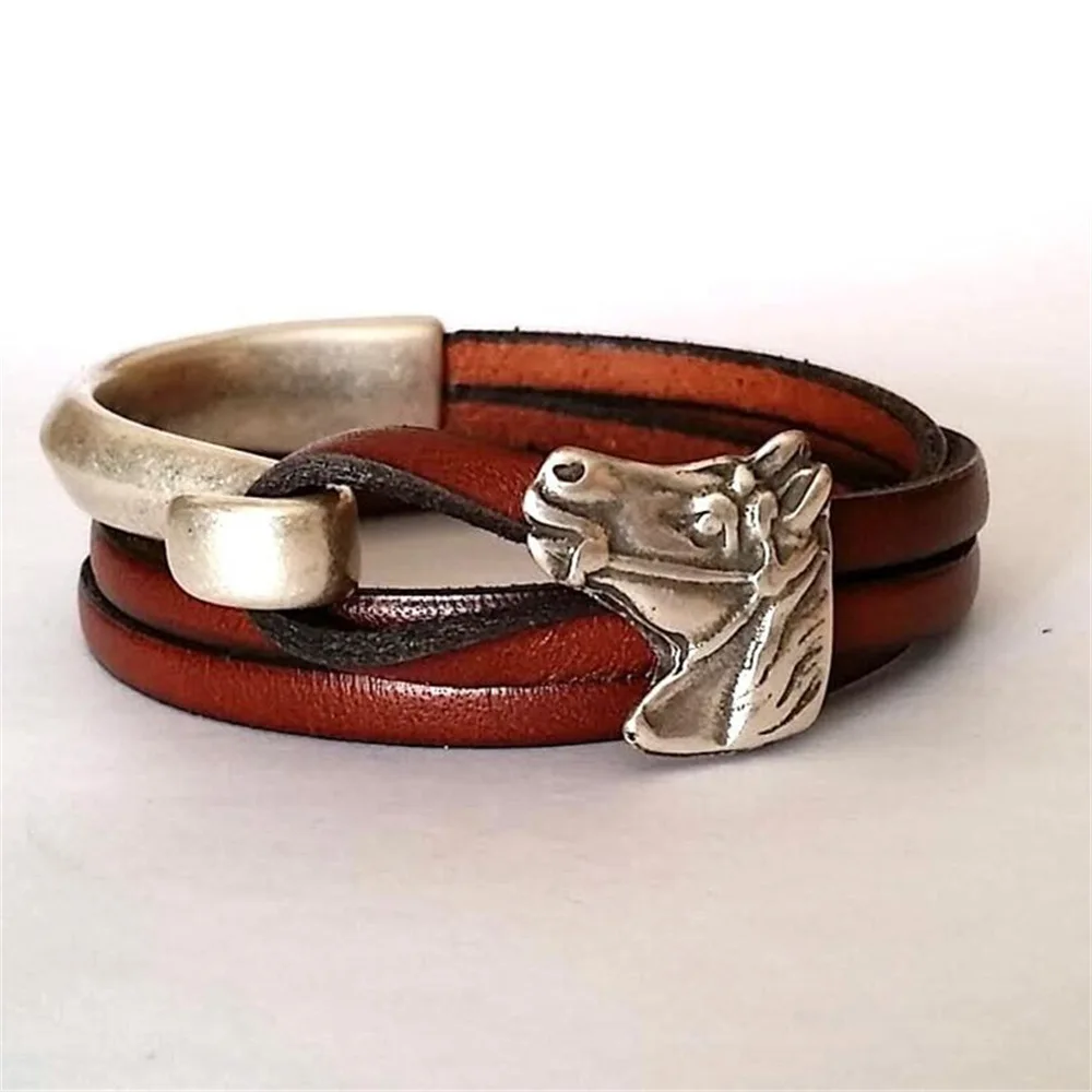 

New Fashion Women Men Bohemia Ethnic Leather Bracelets Vintage Horse Head Multi Layer Cowhide Leather Bracelets Gifts