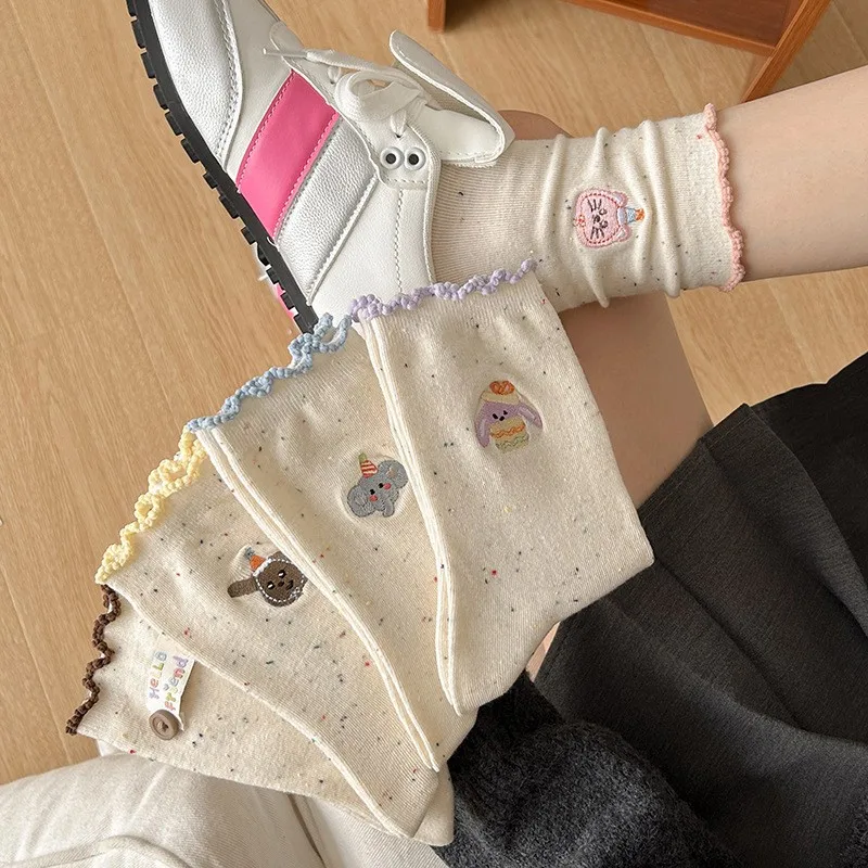 Damen-Socken mit Niedlicher Tier-Stickerei, Rüschenbesatz Baumwollsocken, Weiche Atmungsaktive Kawaii-Socken für den Alltag & Studenten