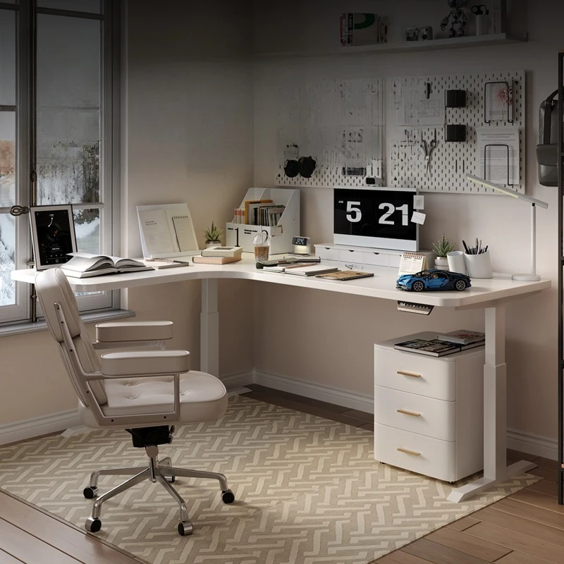 

Solid wood white corner lift desk L-shaped electric computer corner desk