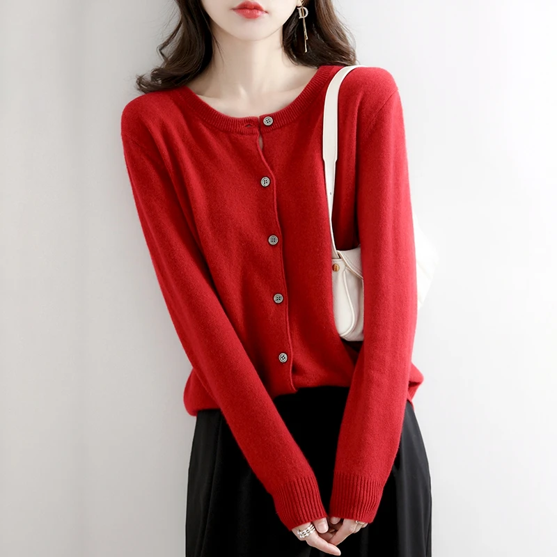 New cashmere cardigan in autumn and winter women\'s round neck loose long sleeve sweater solid color knitted top