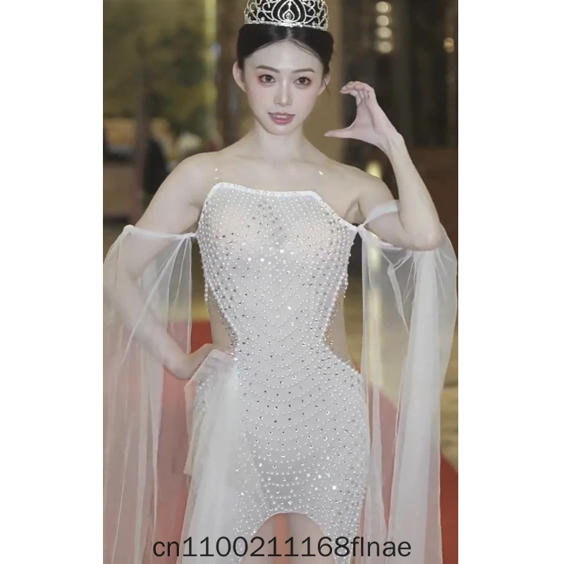 Latin Dance Dress with Flower Grey Pearl Mesh Breathable Fairy Style Dress for Birthday Party Music Festival Ball Performance