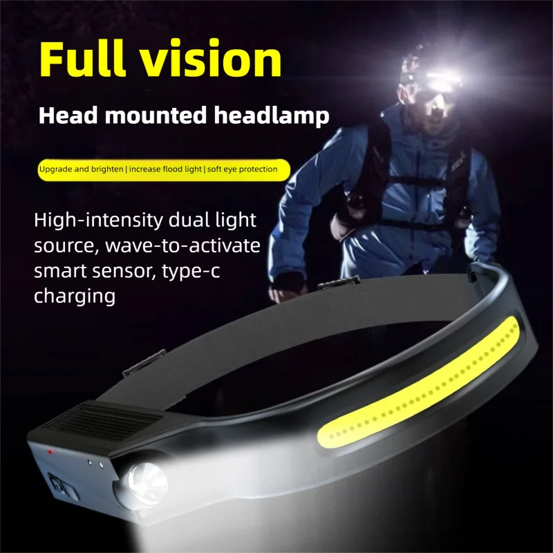 COB LED Headlamp Sensor Headlight with Built-in Battery Flashlight USB Rechargeable Head Lamp Torch 5 Lighting Modes Work Light