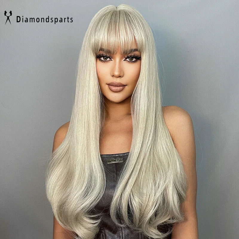 Platinablond haar Pruiken met pony voor vrouwen Lange golvende pruik Dagelijks Fanshion