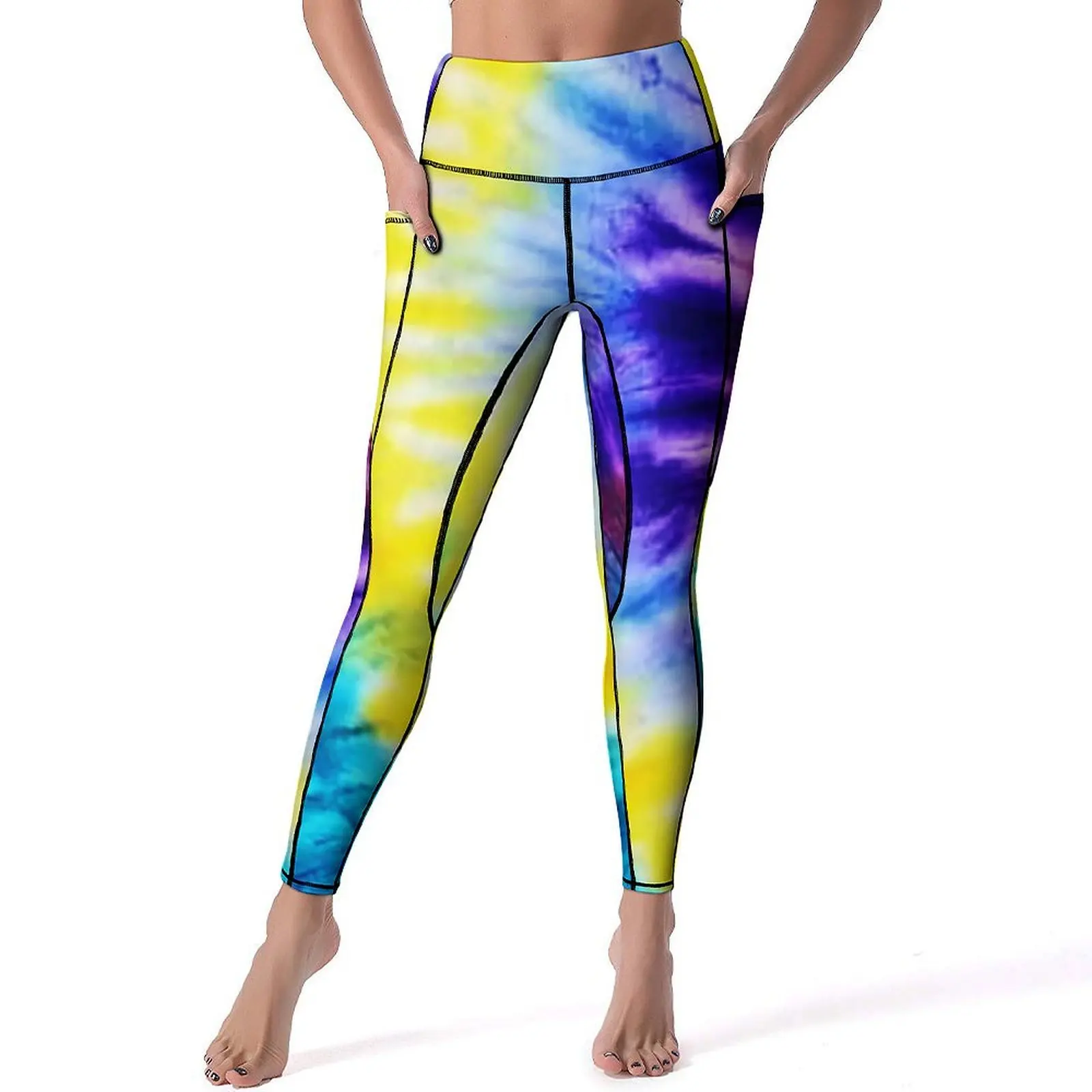 Tie Dye Yoga Pants Pockets Blue Yellow Purple Leggings Sexy Push Up Vintage Yoga Sports Tights Stretchy Graphic Fitness Leggins