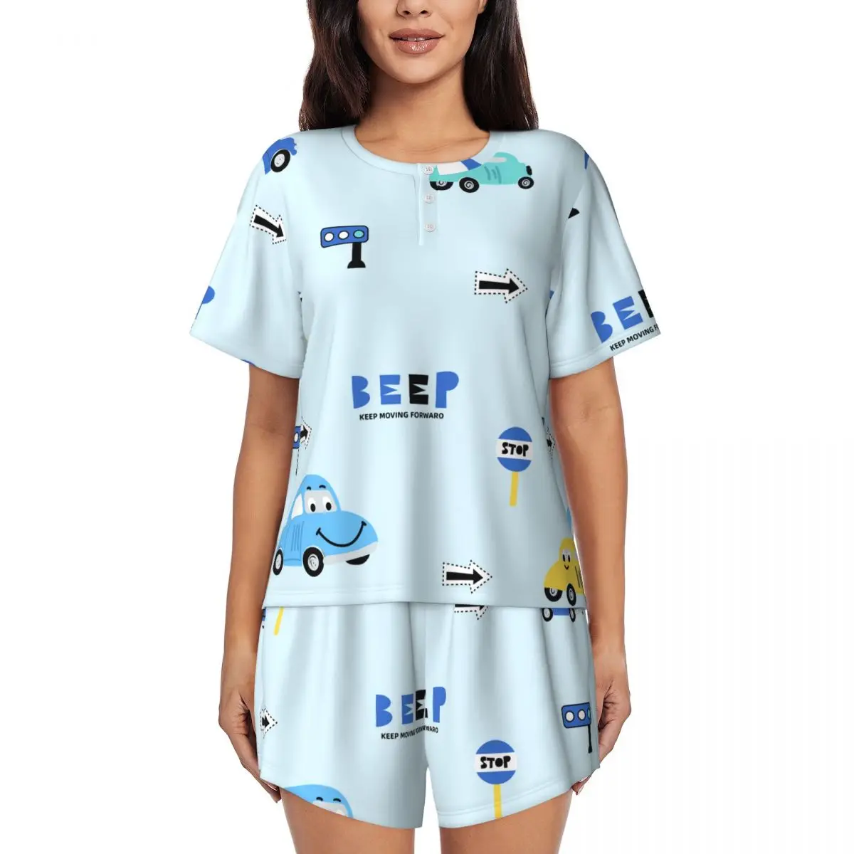 

Women's New Pajamas Cute Cartoon Car Short-Sleeved Nightgown Shorts Sets