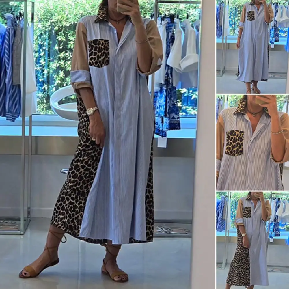 Leopard Print Long Dress Leopard Print Shirt Dress with Turn-down Collar Chest Pockets A-line Midi Dress for Spring Fall Women's