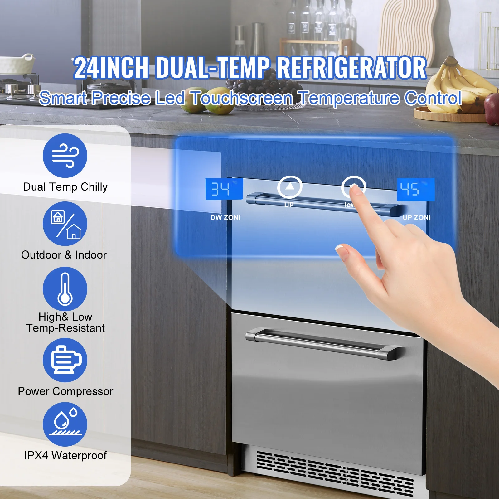 ثلاجة VEVOR مقاس 24 بوصة ثلاجة نبيذ ذات درجين مع درجة حرارة مختلفة 4.87 قدم مكعب. القدرة