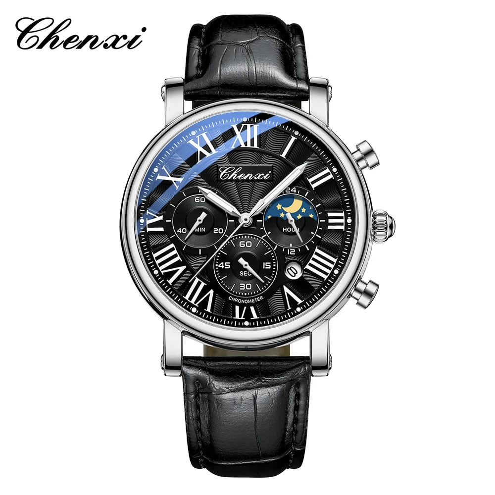 

CHENXI мужские наручные часы водостойкий календарь кварцевые мужские часы деловой хронограф с фазой Луны мужские часы