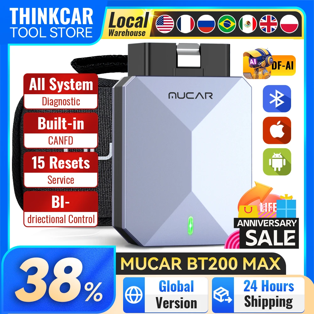 10PCS MUCAR BT200 MAX Car OBD2 Scanner 15 Resets Lifetime Free Update BI-Directional Diagnostic Tools Support CANFD ELM327