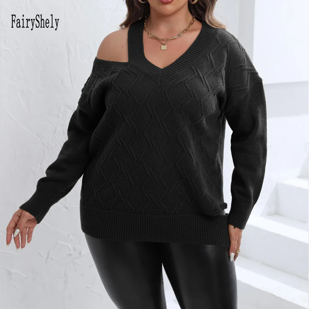 2024 Sexy Off The Shoulder Plus Size Sweater Women V-Neck Large Pullover Ladies Loose Oversize Jumper Big Jerseys Curvy Knitwear