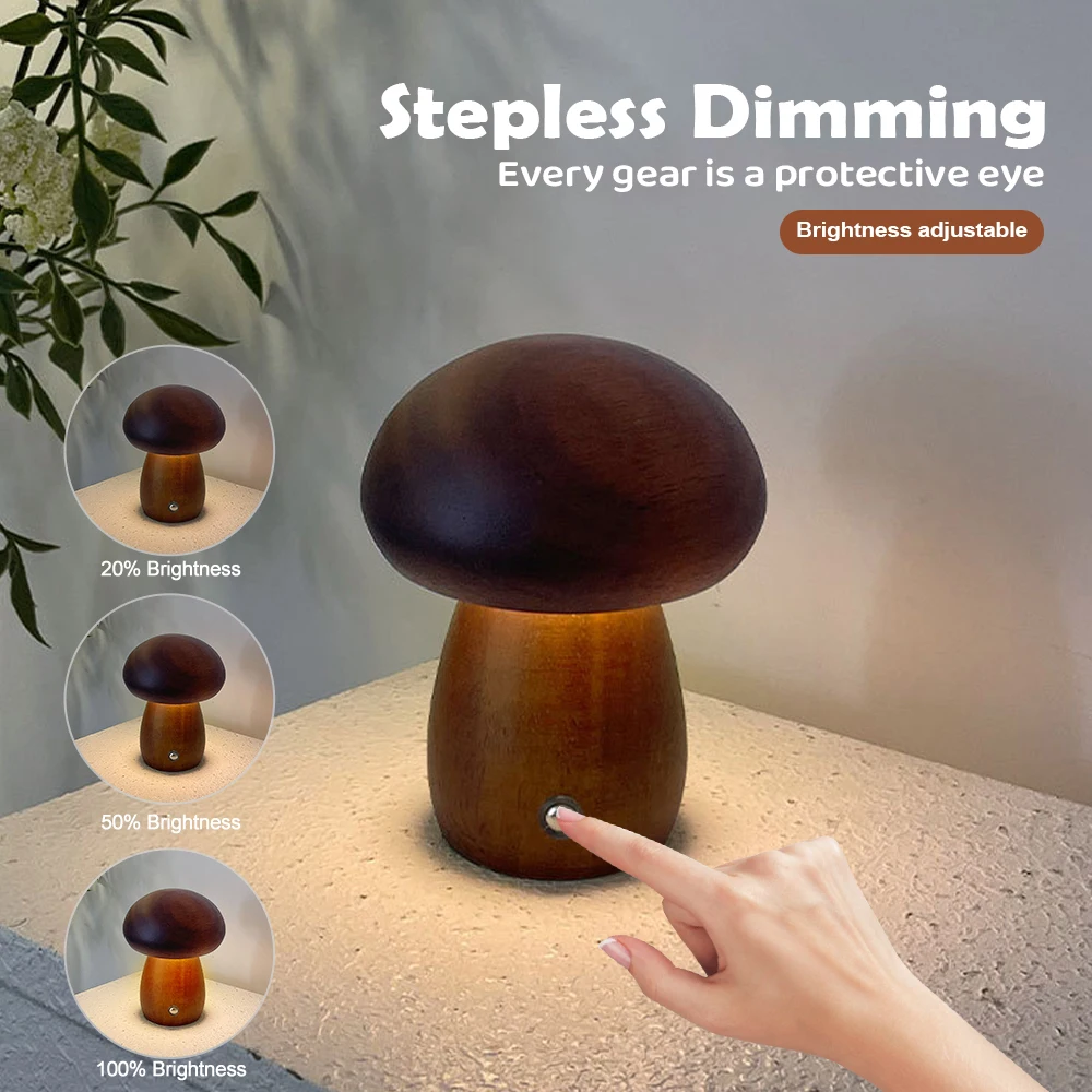 

INS Wooden Creative Mushroom Night Light Stepless Dimming Bedside Table Lamp 3 Color Rechargeable Sleeping Nightlights For Room