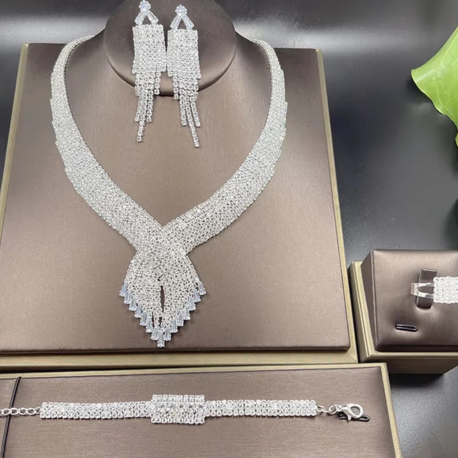 4pc Luxury Rhinestone Earrings Necklace Ring Bracelet Set