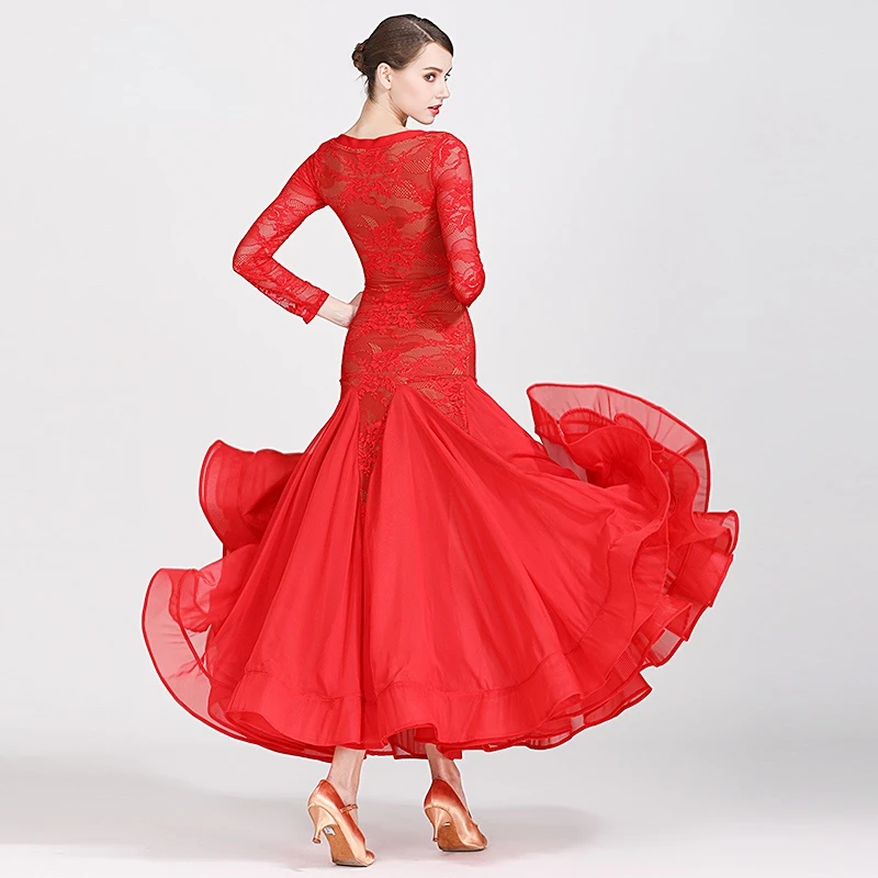 Adult Black Red Lace Standard Ballroom Dance Romantic Big Swing Skirt Girls Waltz Tango Galop Moden Competition Long Dress