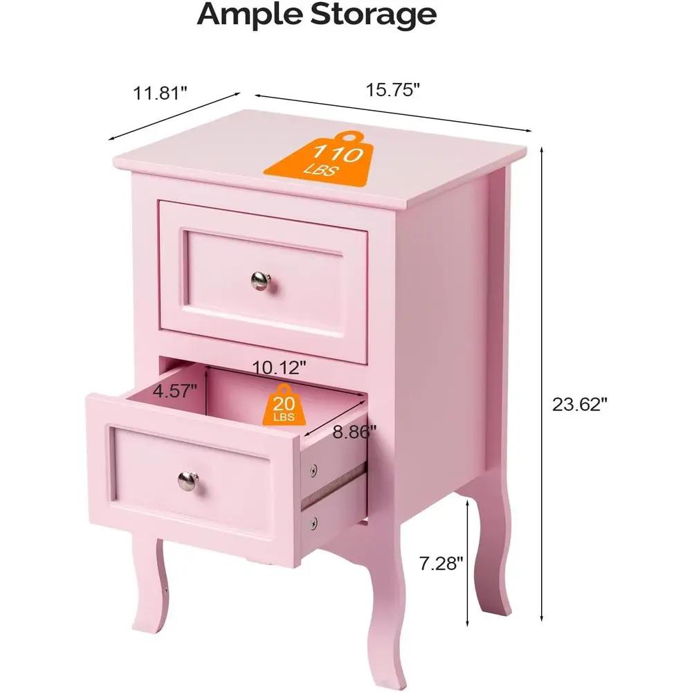 Pink Wooden Nightstand Set of 2, 16W x 12D x 24H, Suitable for Bedroom, Dorm, Kids' Room, Living Room