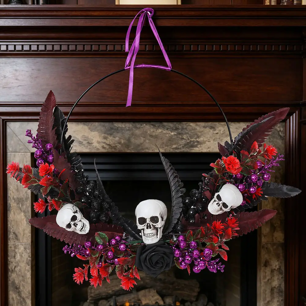 ハロウィーン-スカル-人工花-リース-黒いバラ-吊り飾り-ホームパーティー-ドア-壁-フェスティバル-デコレーション