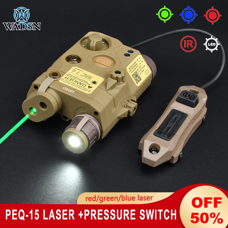 

WADSN PEQ15 Red Green Blue Laser Tactical Hunting IR Illuminator PEQ Airsoft Dual Function Pressure Switch Mount For 20MM Rail