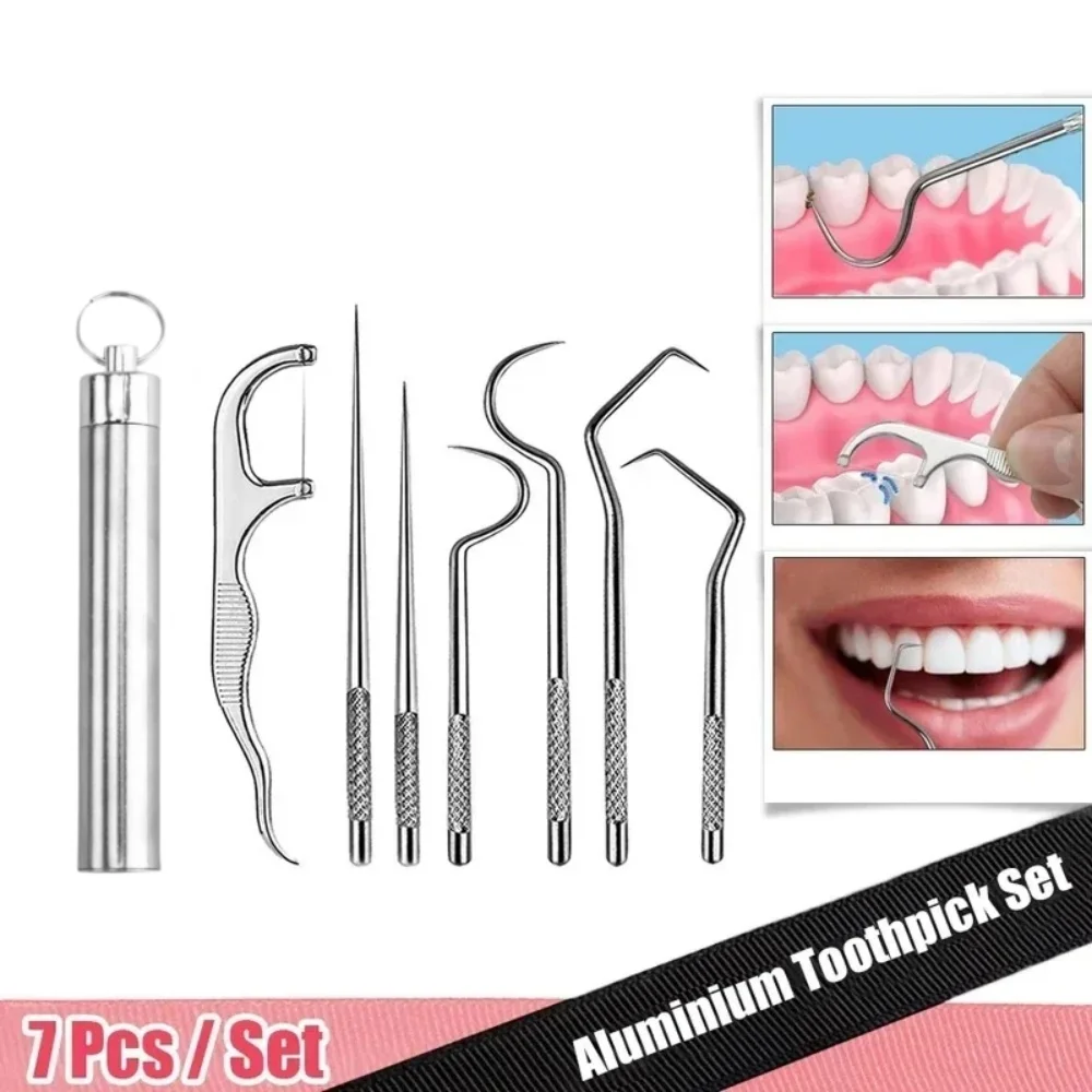 3/7Pcs Stainless Steel Toothpick Floss Picks Durable Sanitary Reusable Portable Pocket Tooth Cleaning Kit with Keychain Holder