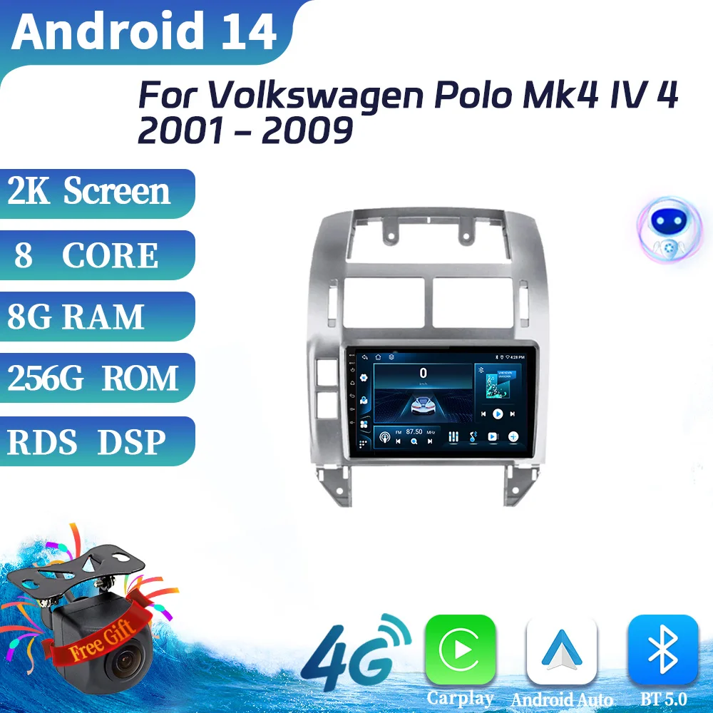 Android 14 For Volkswagen Polo Mk4 IV 4 2001-2009 Car Radio Multimedia Video Player Navigation Wireless BT Carplay Touch Screen