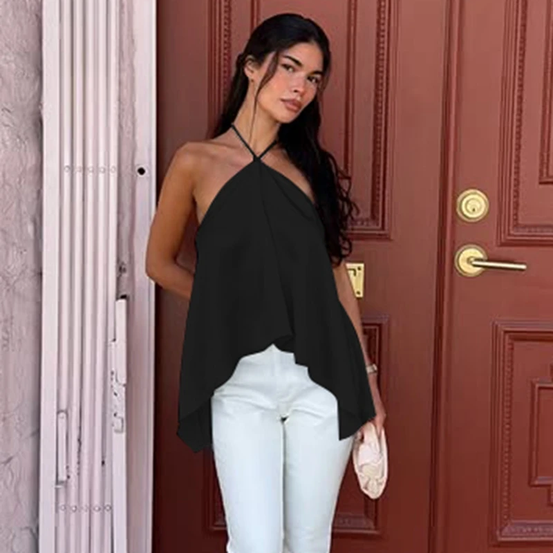Hugcitar Modisches Neckholder-Top mit Schnürung, Rückenfreies, Unregelmäßiges, Einfarbiges, Sexy Crop-Top für Damen, Niedliche Kleidung für Strand, Urlaub und Party – Detail 20
