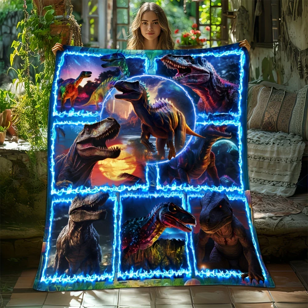 1pc Cozy 3D Dinosaur Blue Flame Splice Print Blanket-Lightweight Flannel Throw For Sofa, Bed, Livingroom, Office, Couch, Travel,