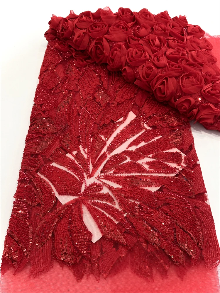 

African Beaded Lace Fabric 2026 High-Quality Lace Nigerian French Sequined Mesh Lace Fabric for Wedding Party Dresses