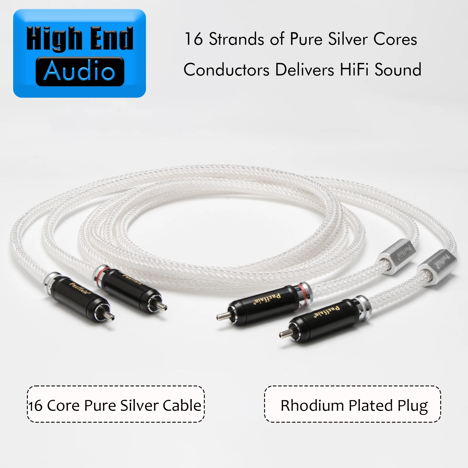 Preffair stering silver one pair HIFI 7N Pure Sliver Professional 2RCA To 2RCA Male Connnector Audio Cable For Amplifier DAC