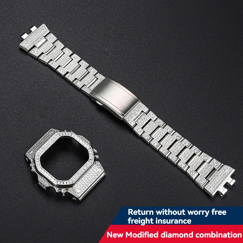 Rhinestone Diamond Inlaid Case Band Set Silver Metal Modification Parts For Casio G-Shock GMW-B5000 Square Watch Accessories
