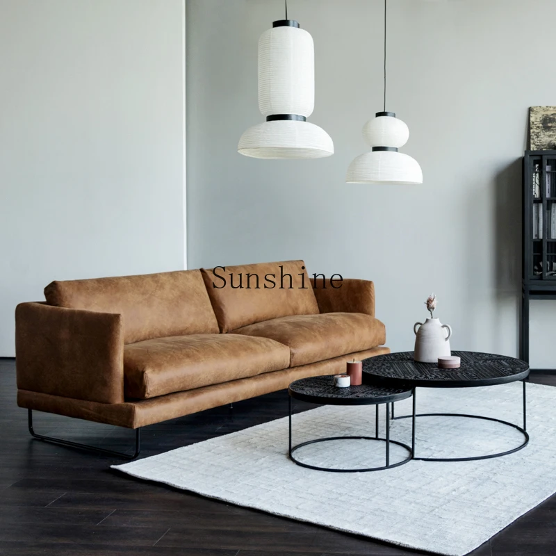 Living room three-person retro caramel color one-word first-layer cowhide fabric sofa