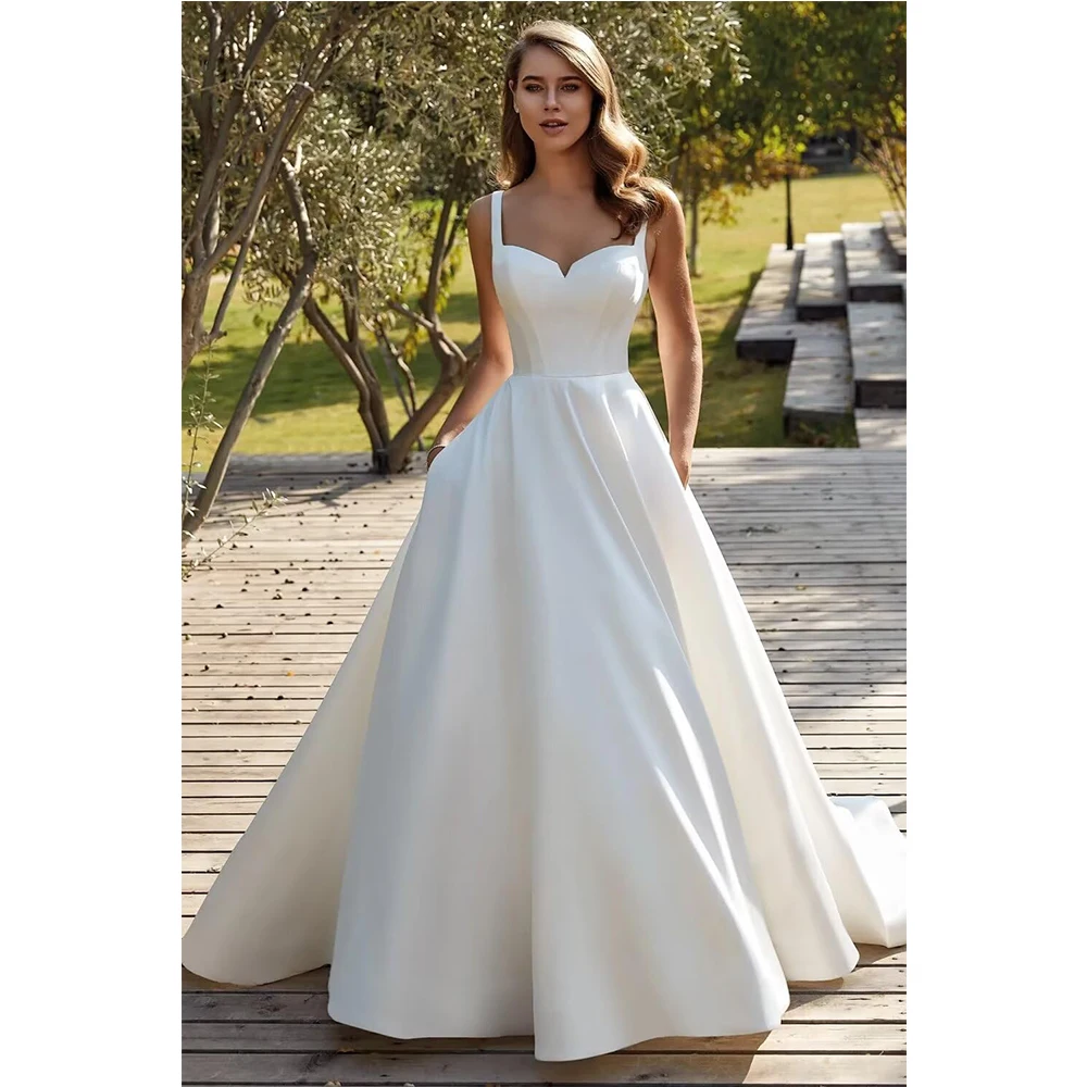 Customized Fair Lady Wedding Dress for Bride Beach Spaghetti Straps A Line V Neck Satin Bidal Gowns with Train Bridal Gown