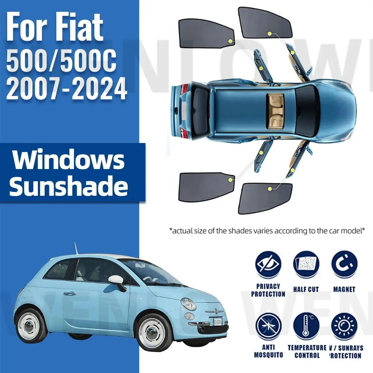 

For Fiat 500 2007-2023 2024 Car Sunshade Shield Magnetic Front Windshield Frame Blind Curtain Rear Side Window Sun Shade Visor