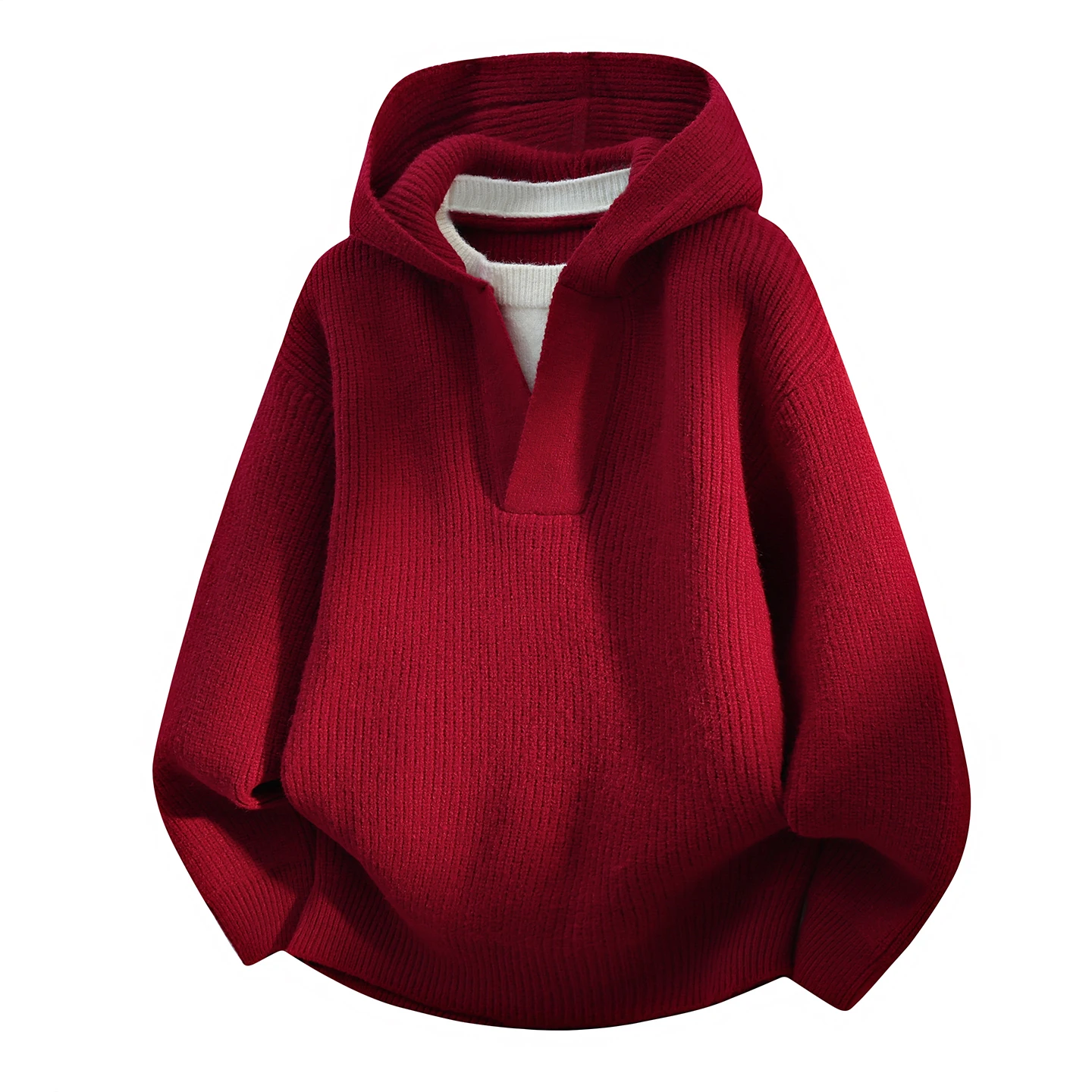 

Мужской утепленный свободный свитер в американском ретро-стиле с капюшоном, красный, осенне-зимний, повседневный, имитация двухслойности, вязаный трикотаж для мужчин