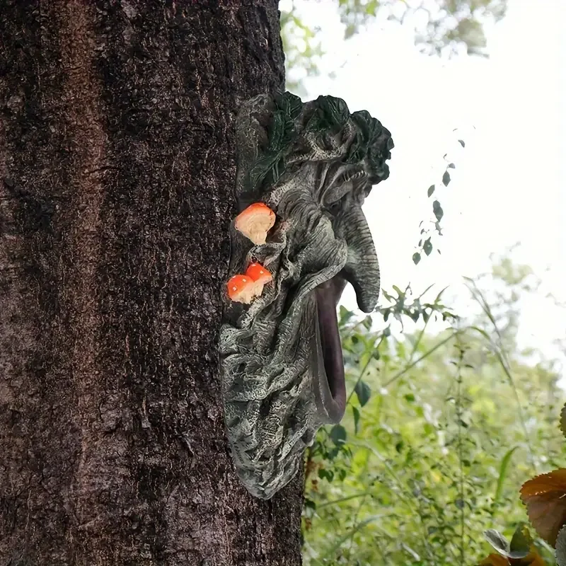 Outdoor Garden Yard Tree Face Wild Bird Feeder, Big Mouth Mushroom Tree Face Bird Feeder, Home Decor Statue view 4