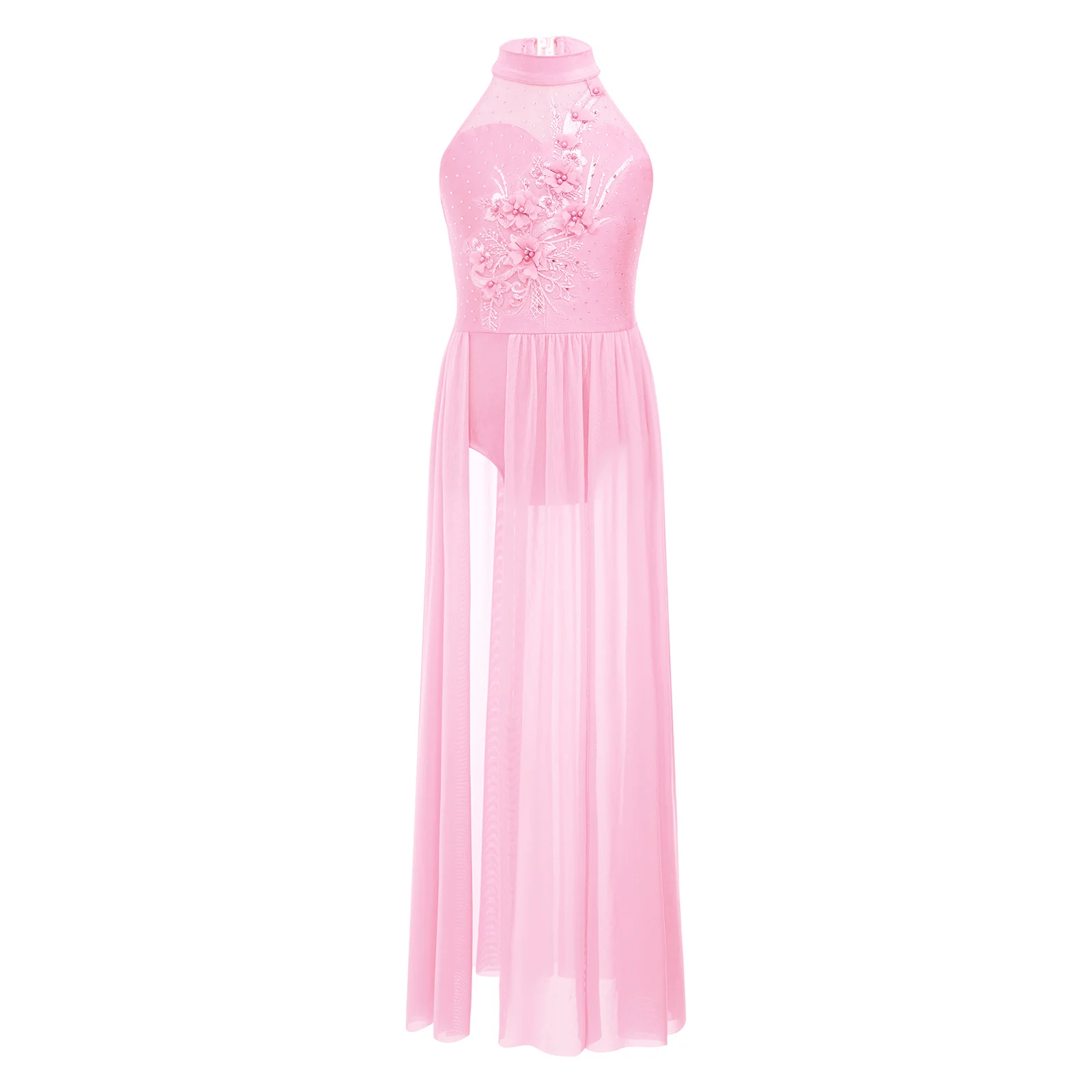 Kids Girls Lyrical Dance Dress Sleeveless Keyhole Back Applique Split Mesh Maxi Dress for Stage Performance Modern Dancewear