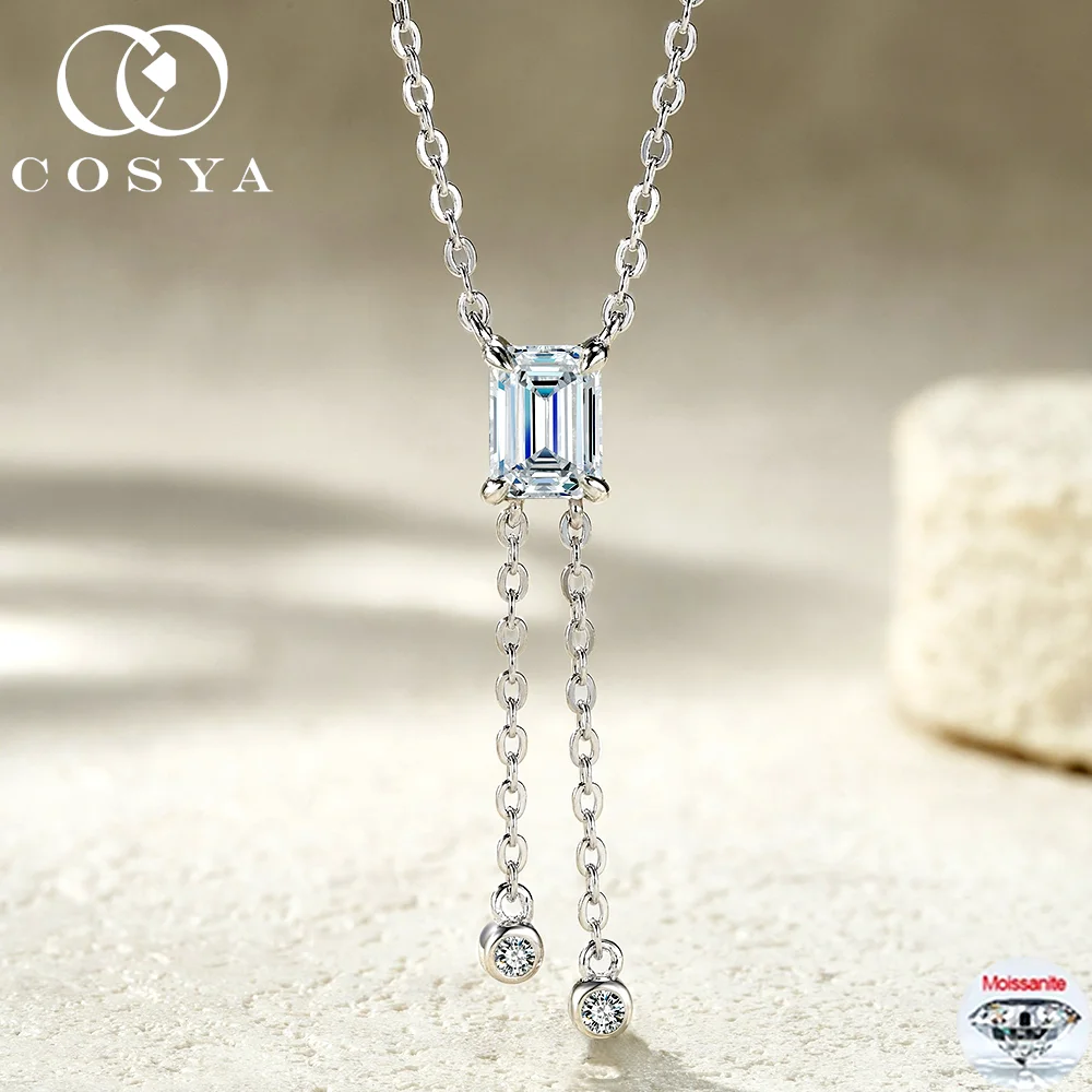 

COSYA 1CT 5*7mm Emerald Cut Moissanite Necklace for Women 925 Sterling Silver Tassel Chain Bubble Pendant Party Jewelry Gifts