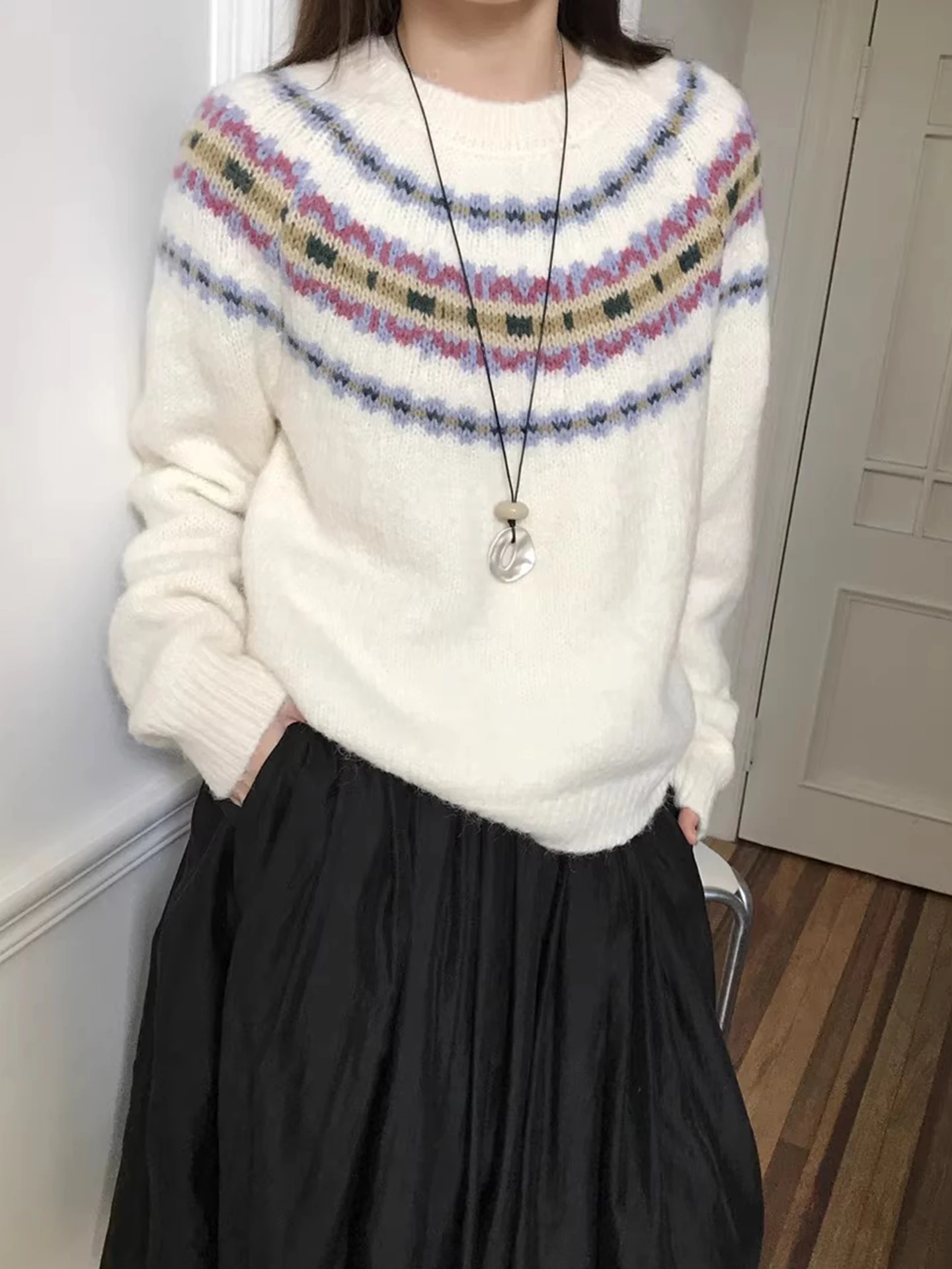 

Gagarich Gentle Wind Color Match Fair Island жаккардовый мягкий клейкий универсальный свитер женский 2023 зимний новый свободный вязаный топ