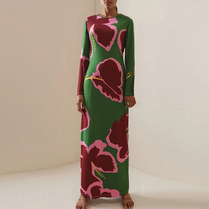 Vestido de moda con estampado Floral y cintura alta para mujer, vestido elegante con cuello redondo y manga larga, vestido largo ajustado, vestido de fiesta bohe con temperamento informal