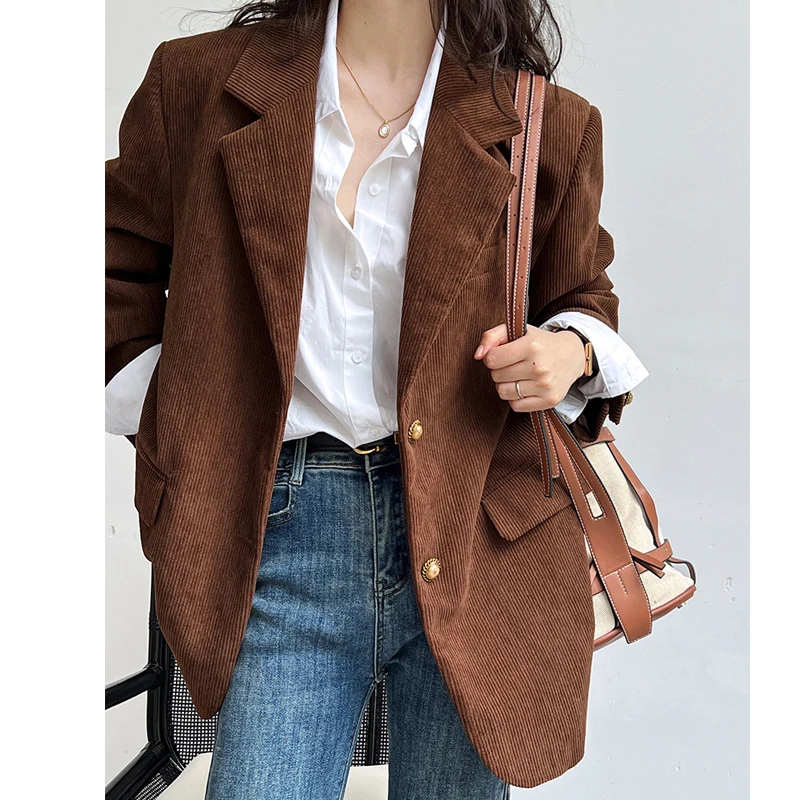 2023 Women Autumn Blazer Coat Turn Down Collar Fashion Corduroy Blazer Feminino Coat Casaco Feminino Chic Tops For Women Clothes