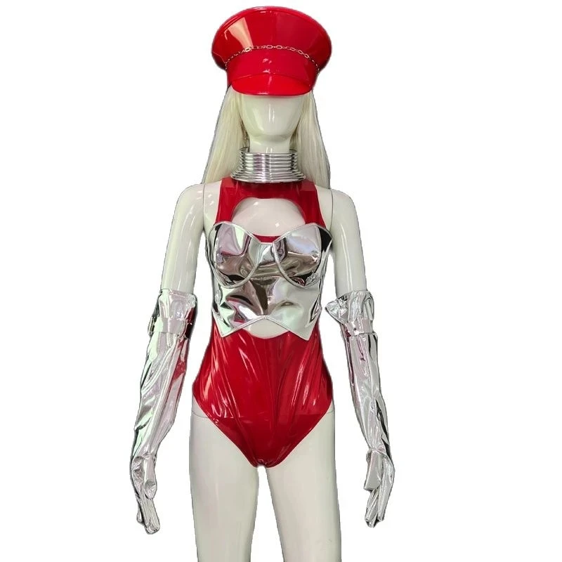 

Modern Singer Party Show Sexy Silver Red PU Bodysuit Hat Music Festival Nightclub Dj Ds Gogo Dancer Costume