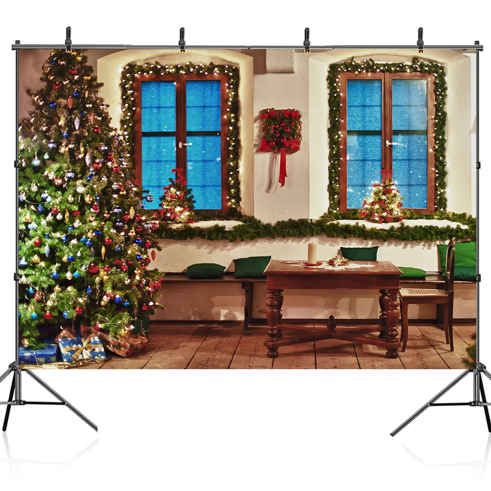 Bonvvie Christmas Photography Backdrop Photocall Window Tree Gift Party Decor Background Portrait Photographic Kids Photo Studio