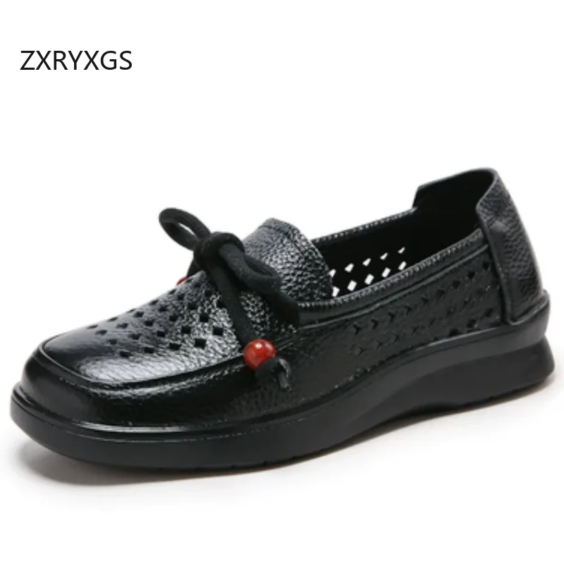 ZXRYXGS 2026 Promotion Top Cowhide Hollow Shoes Breathable Flats Genuine Leather Bow Women Hole Hole Fashion Casual Shoes