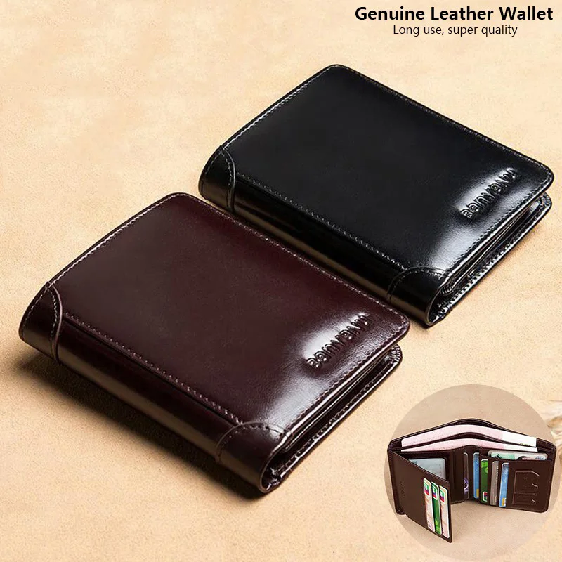 Men's Wallets RFID Blocking Genuine Leather Trifold Business Short Purse Wallet for Men with ID Window and Credit Card Holder